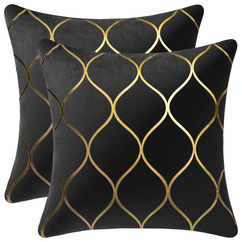 DEZENE 20x20 Inch Gold Velvet Throw Pillow Covers: 2 Pack Square Decorative Pillow Cases for Bedroom Sofa Couch Living Room, Black - Image 1